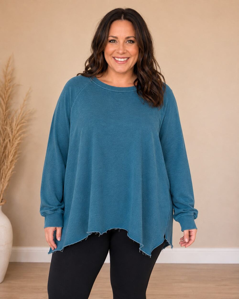 Discount Divas Boutique Teal Raw Hem Oversized Raglan Sweatshirt 1XL NWT 021